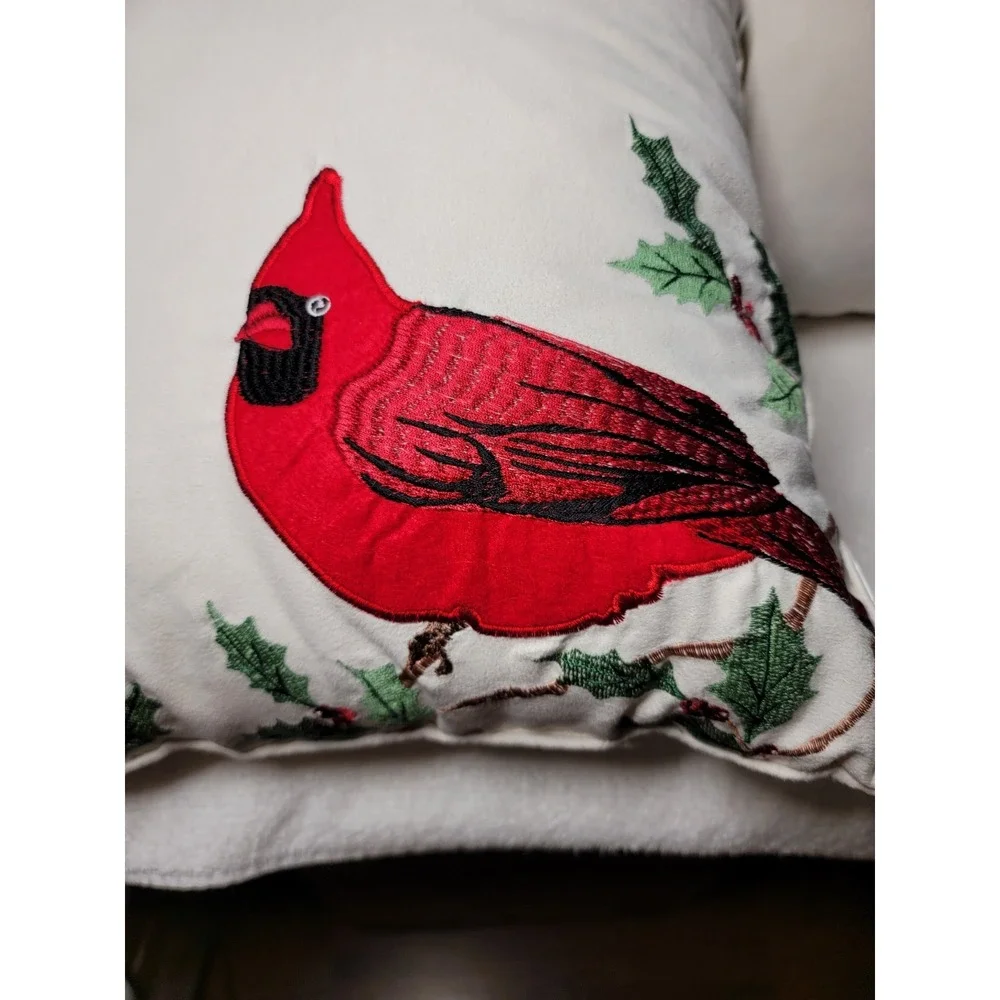 Cardinal Holly Pillow Square With Embroidered Holly And On Bird Bone Color Set 2